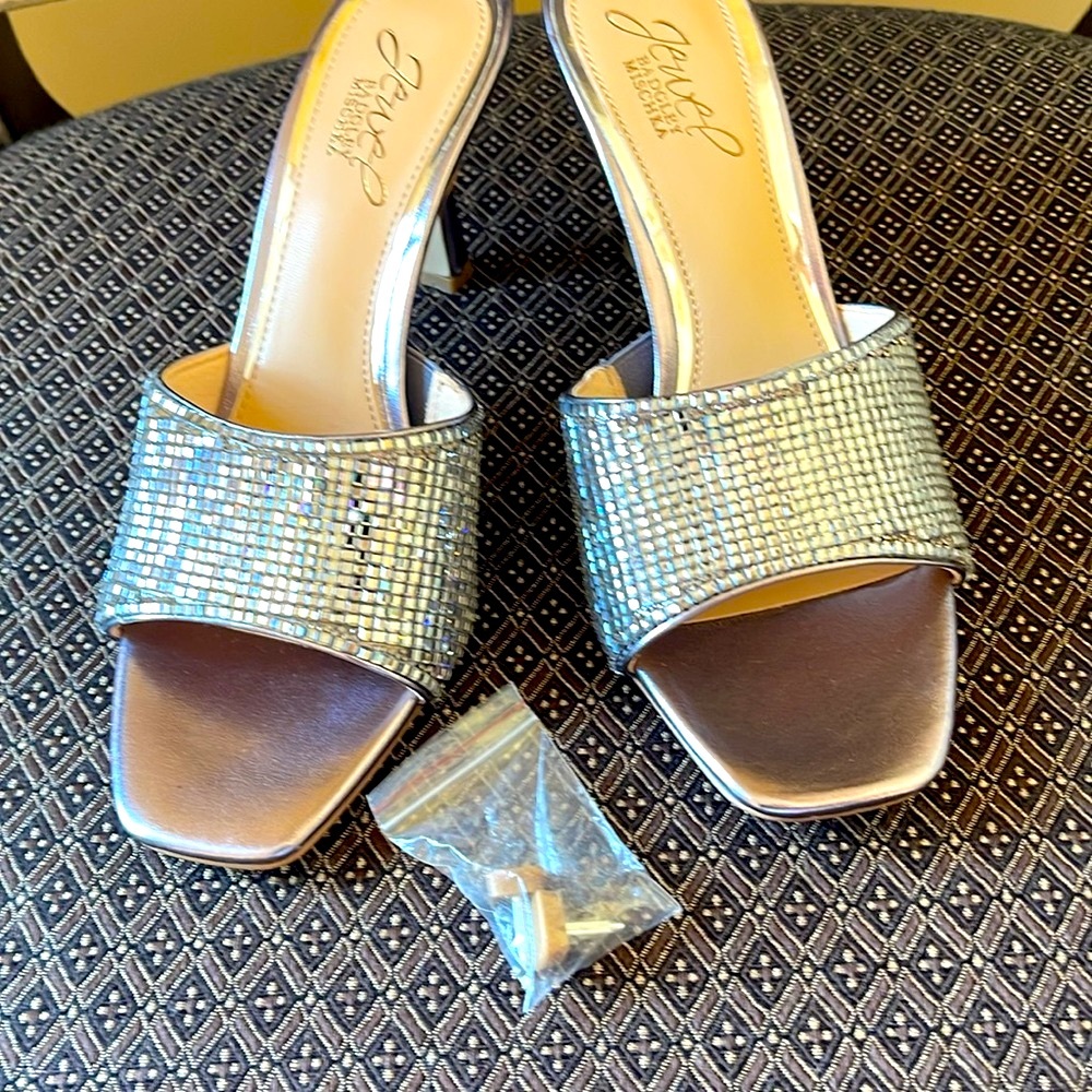 NWOT BADGLEY MISCHKA JEWEL ALLISON RETRO SLIDES SZ 6.5 HEEL 2.95” - Picture 11 of 14